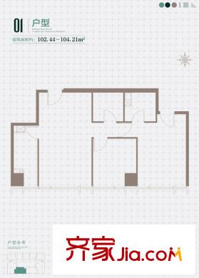 平方米悦国际01户型图 2室1厅2卫1厨