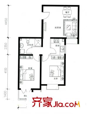 海澳公館戶型圖B戶型 2室2廳1衛(wèi)1廚