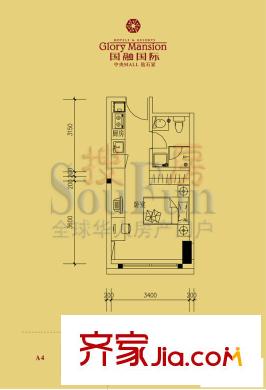 国融国际户型图A4户型 1室1厅1卫1厨