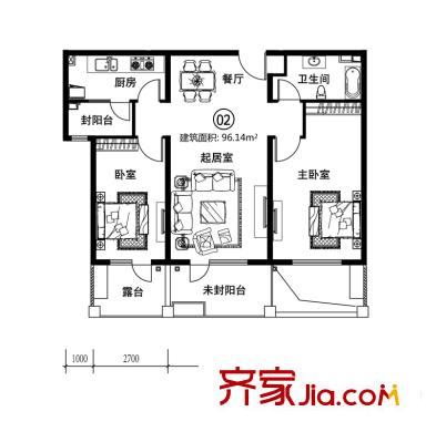 富力丹麦小镇户型图n10一单元02户型 2室2厅1卫1厨