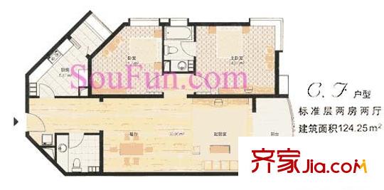 中海雅园户型图二居C、F户型 2室2厅2卫1厨