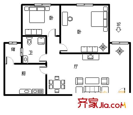 一世情园户型图户型图 2室1厅1卫1厨