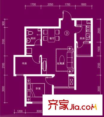 濱港怡園戶型圖D戶型 2室2廳1衛(wèi)1廚