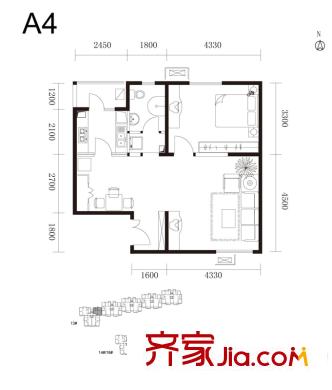 水墨林溪A4户型 1室2厅1卫1厨