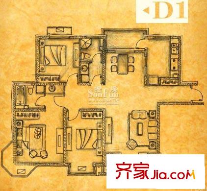 阳光波尔多户型图d1户型 3室2厅2卫1厨