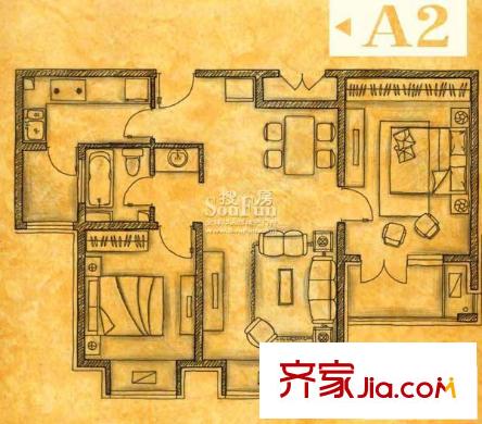 阳光波尔多户型图a2户型 2室2厅1卫1厨
