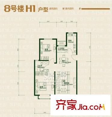 鸿坤理想城户型图8号楼H1户型(已售完) 2室2厅1卫1厨