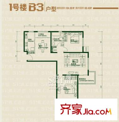 鸿坤理想城户型图1号楼B3户型(已售完) 2室2厅1卫1厨