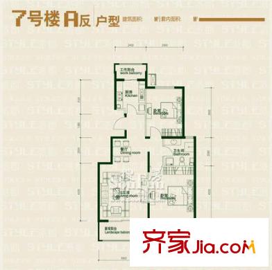 鸿坤理想城户型图7号楼A反户型(已售完) 2室2厅1卫1厨