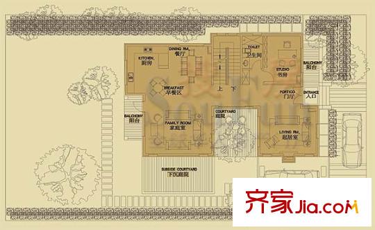 丽嘉花园户型图B户型首层平面图 3室2厅1卫1厨