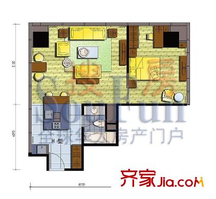 艾瑟顿国际公寓户型图H户型 2室2厅1卫1厨