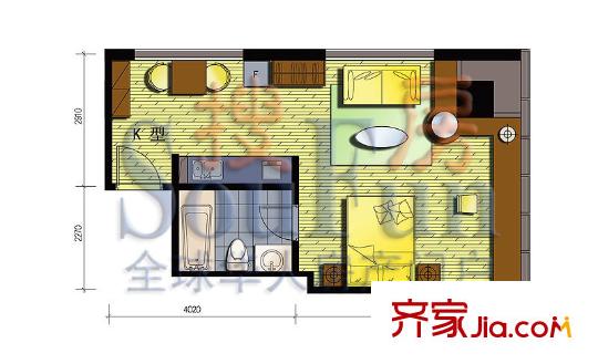 艾瑟顿国际公寓户型图K户型 1室2厅1卫1厨