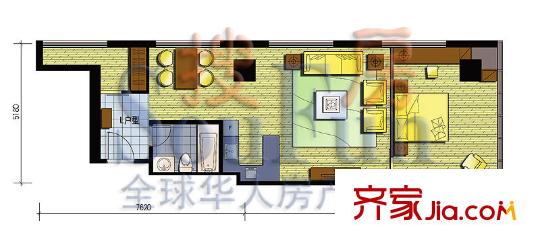 艾瑟顿国际公寓户型图L户型 1室2厅1卫1厨