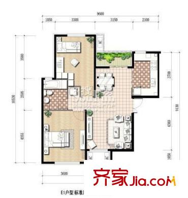 天恒乐活城户型图E1户型图 2室2厅1卫1厨
