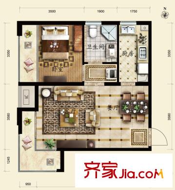保利春天里1号楼A1户型图 1室2厅1卫1厨