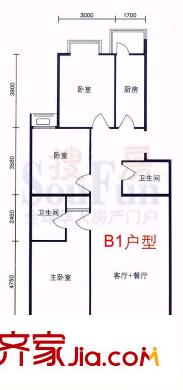 长安新城户型图B1户型 3室2厅2卫1厨