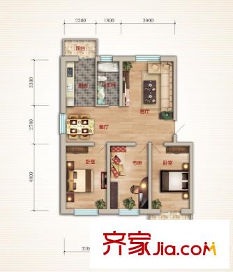 龍鳳嘉苑戶型圖B戶型 3室2廳1衛(wèi)1廚