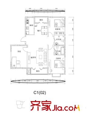 林蔭大道戶型圖101#4單元（302-306）C1戶型 3室2廳2衛(wèi)1廚