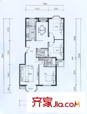 中海城户型图3AE户型图 3室2厅2卫1厨