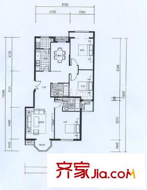 中海城户型图3A户型图 3室2厅2卫1厨