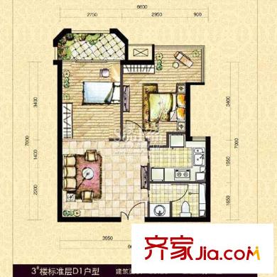 中海紫御公馆户型图3#楼标准层D1户型(已售完) 2室1厅1卫1厨
