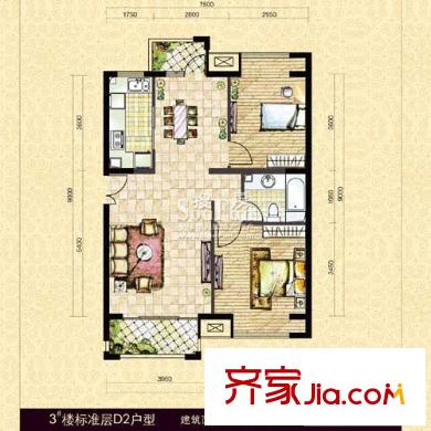 中海紫御公馆户型图3#楼标准层D2户型(已售完) 2室2厅1卫1厨