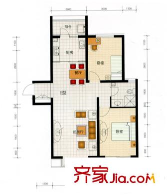 宏坤馨港家園戶型圖E戶型 2室2廳1衛(wèi)1廚