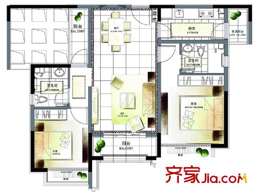 香悦四季(合景溪西里)610#C5户型 2室2厅2卫1厨