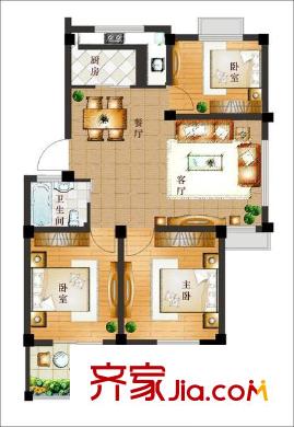 濱海蘆庭戶型圖B1戶型 3室2廳1衛(wèi)1廚