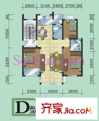 青林嘉園戶型圖D戶型 3室2廳2衛(wèi)1廚