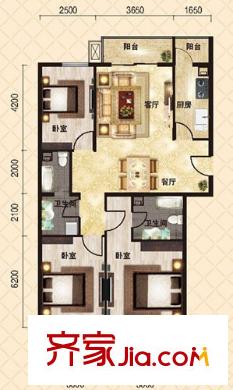 奧特錦鴻嘉苑戶型圖3居室 3室2廳2衛(wèi)1廚