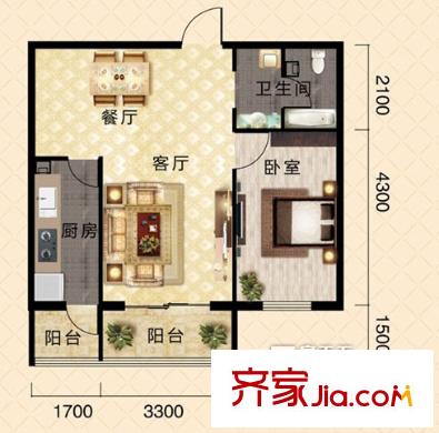 奧特錦鴻嘉苑戶型圖1居室 1室2廳1衛(wèi)1廚