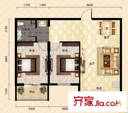奧特錦鴻嘉苑戶型圖2居室 2室2廳1衛(wèi)1廚