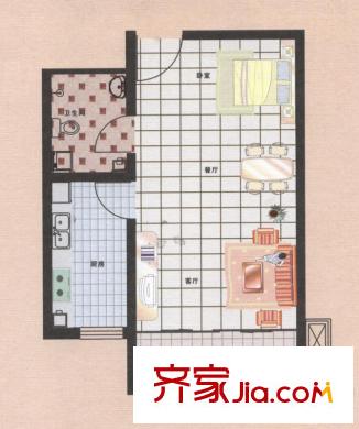 荷花盛世二期2號(hào)樓J戶型47平米 1室2廳1衛(wèi)1廚