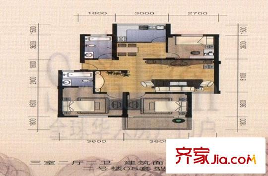 望春桂花苑戶型圖2號樓05套型 3室2廳2衛(wèi)