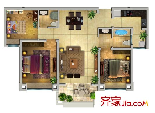 華潤中海凱旋門戶型圖高層G戶型 3室2廳2衛(wèi)1廚