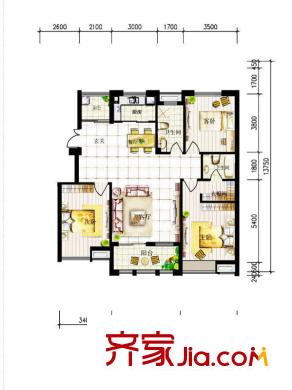 金城花園戶型圖B戶型 3室2廳1衛(wèi)1廚
