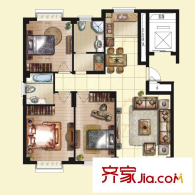 京華茗苑39#、42#小高層中間套標(biāo)準(zhǔn)層D戶型 3室2廳2衛(wèi)1廚