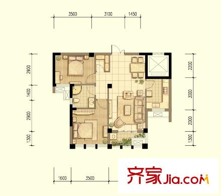 駱城芳洲1#樓標(biāo)準(zhǔn)層F02戶型 2室2廳1衛(wèi)1廚