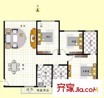 銀潤(rùn)豪景戶型圖三室一廳 3室1廳1衛(wèi)1廚