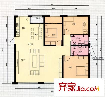 東旭花園戶型圖住4戶型（G4） 3室2廳2衛(wèi)1廚