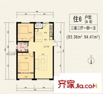 東旭花園戶型圖戶型A6 2室2廳1衛(wèi)1廚