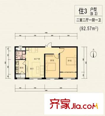 東旭花園戶型圖戶型B3 2室2廳1衛(wèi)1廚