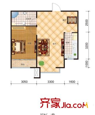 誠安逸品花園戶型圖B2戶型 1室2廳1衛(wèi)1廚