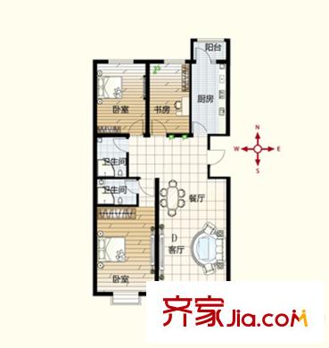 鉑瑞公館戶型圖D戶型 3室2廳2衛(wèi)1廚