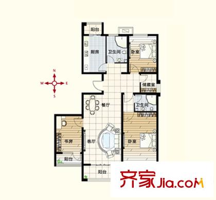 鉑瑞公館戶型圖E戶型 3室2廳2衛(wèi)1廚