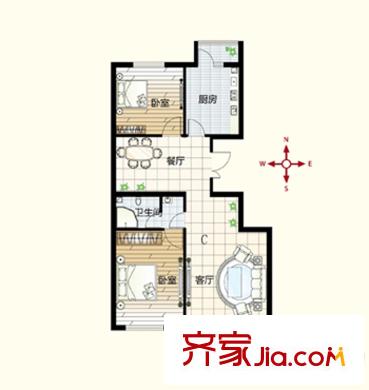 鉑瑞公館戶型圖C戶型 2室2廳1衛(wèi)1廚