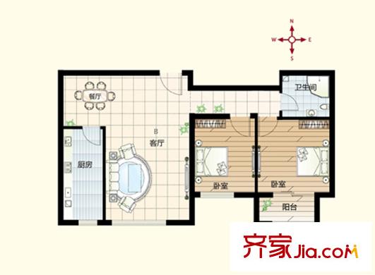 鉑瑞公館戶型圖B戶型 2室2廳1衛(wèi)1廚