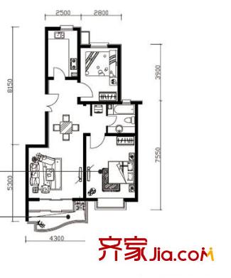 恒通花園戶型圖08戶型圖 2室2廳1衛(wèi)1廚