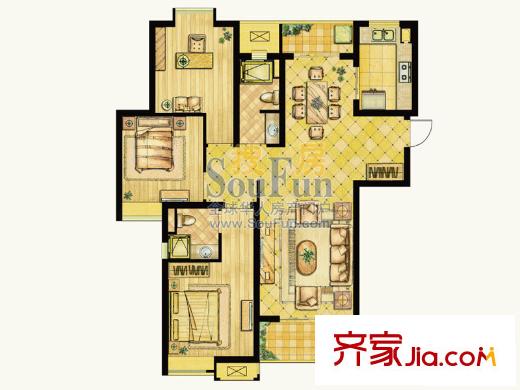 世茂世界灣戶型圖二期E1戶型圖 3室2廳2衛(wèi)1廚